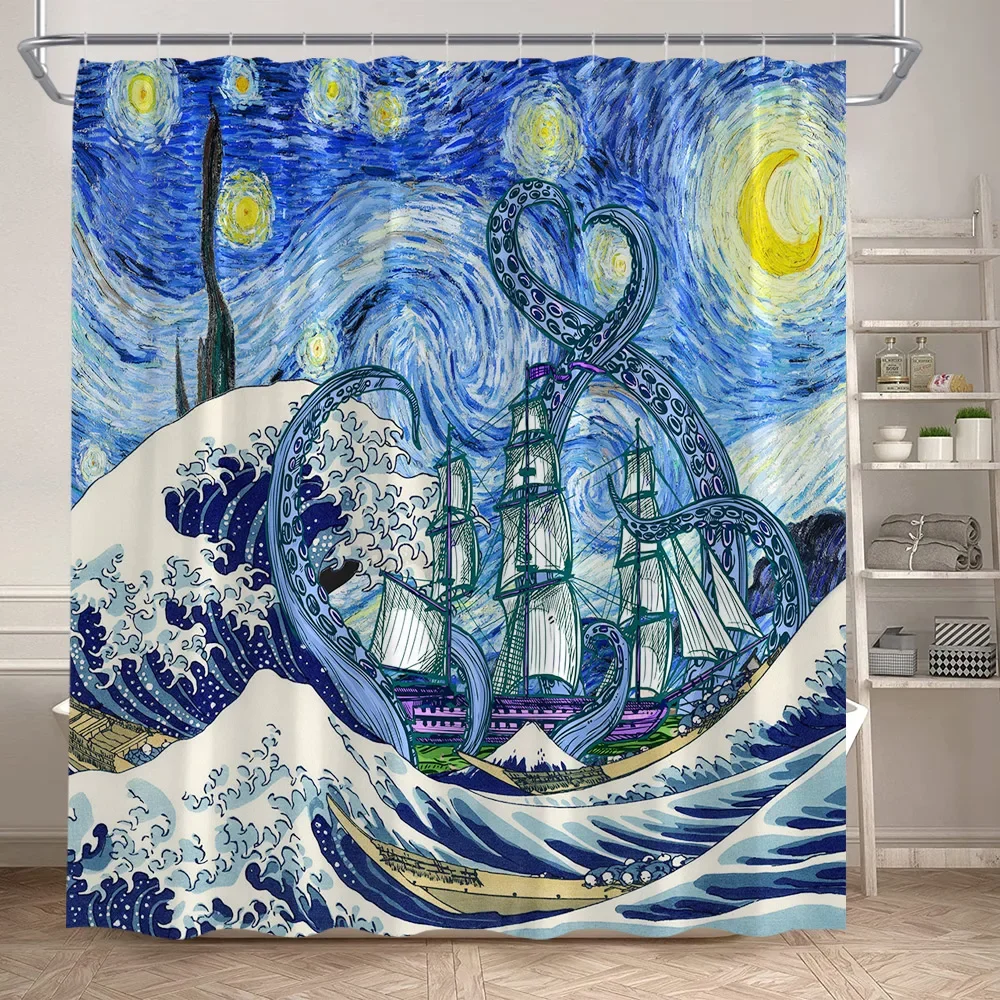 Funny Octopus Shower Curtains Marine Animal Mermaid Sailboat Vintage Nautical Map Bath Curtain Fabric Bathroom Decor with Hooks