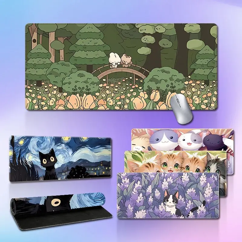 

Cute cat anime illustration large Mouse Pad Desk Mat with Stitched Edge anti-slip Durable offices accessories keyboard mouse mat