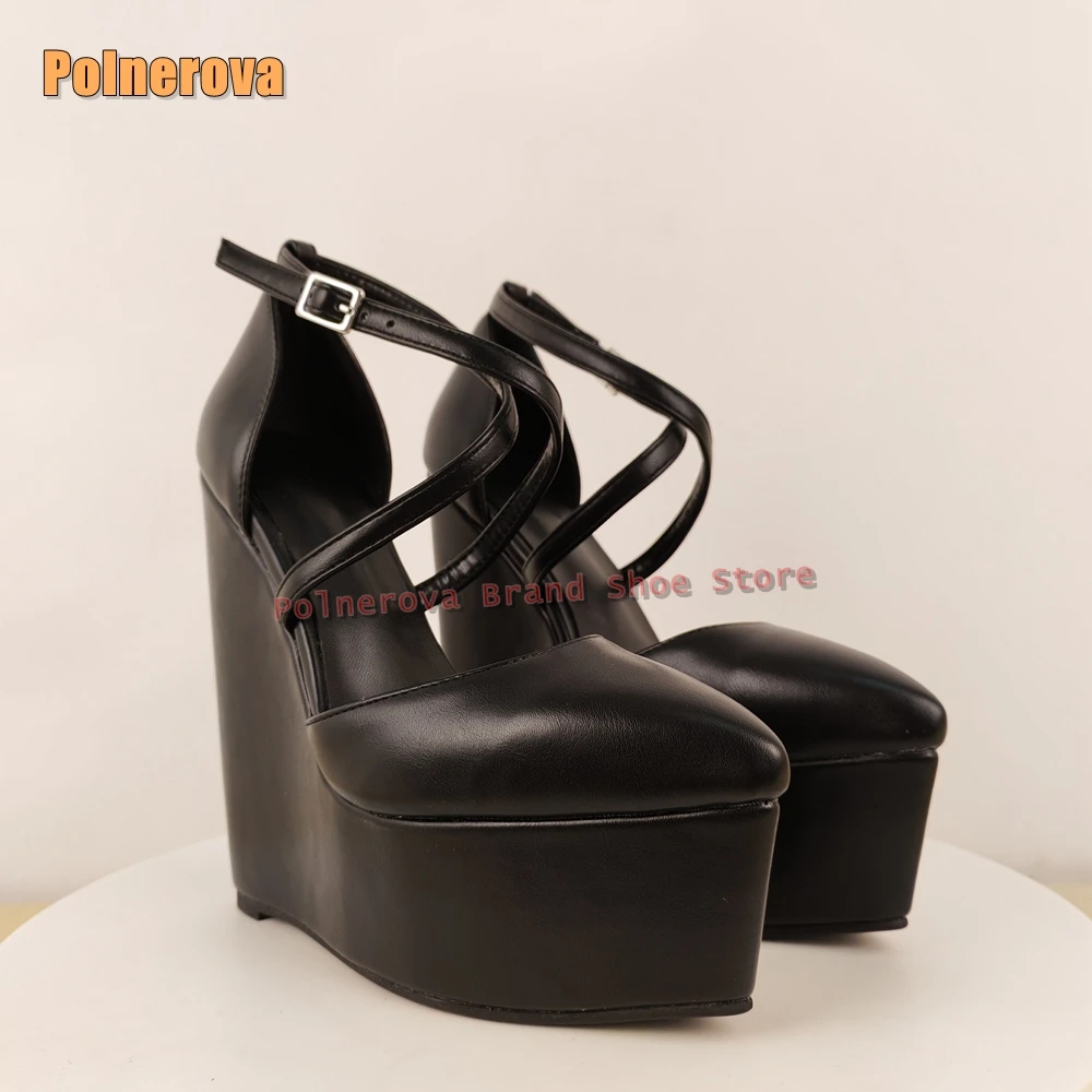 

Pointed Toe Platform Wedge Sandals Black Buckle Strap Cross Tied Cut Out Shallow Women Dress Fashion Pumps Summer Party Shoes