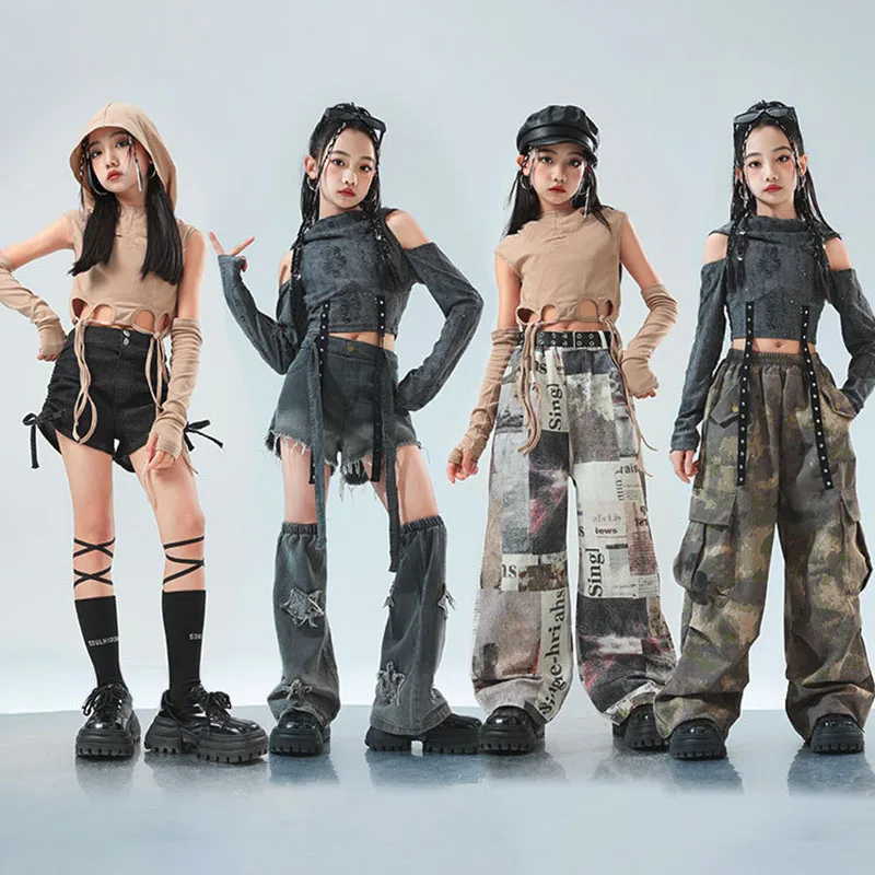 Ropa de Hip Hop para chico Wasteland, Top corto gris, Sudadera con capucha de manga larga, pantalones Cargo informales de camuflaje para niñas, trajes de baile, ropa
