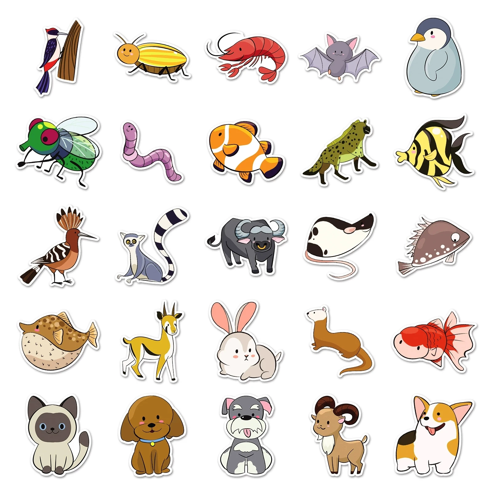 50PCS Cartoon Stick Figure Animal Stickers Hand drawn Cute Creative Waterproof Decals for Skateboard Stationery Notebook