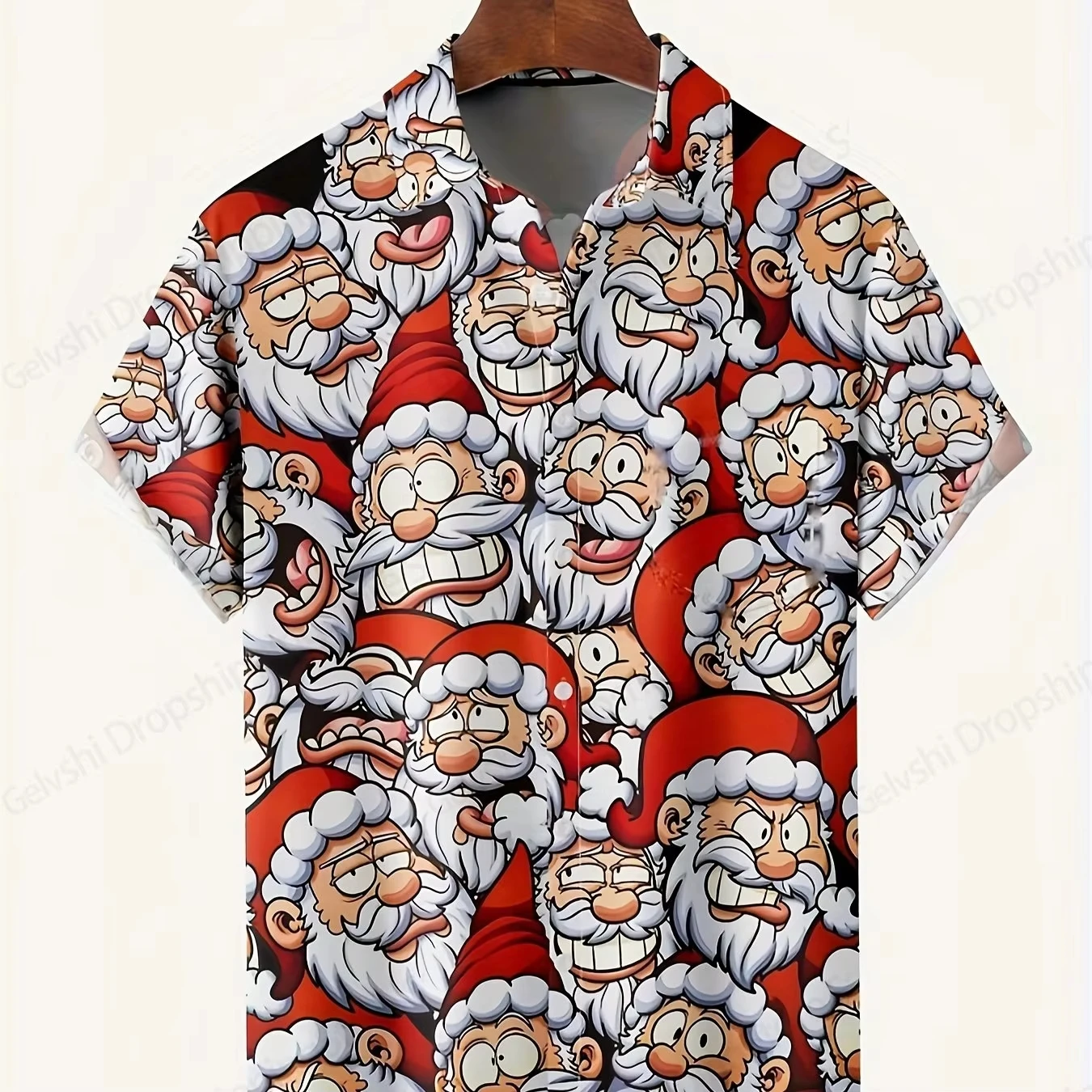 Unisex Funny Cartoon Santa Claus All Over Print Hawaiian Shirt Short Sleeve Camp Collar Shirt Xmas Holiday Casual Tops Christmas