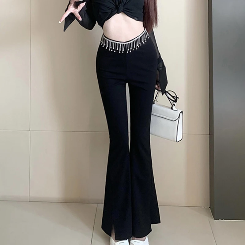 

Black Flare Pants Womans 2023 Spring and Summer New Hot Girl Rhinestone Tassel Waist Slim Slimming Fashion Casual Pants Trousers