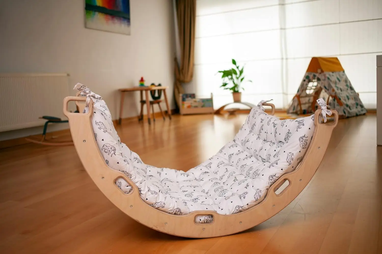 Climbing ARCH | Wooden Climbing Montessori Rocker ARCH | Large Arch with Origami Pillow | Wooden Climbing Arch with Cushion