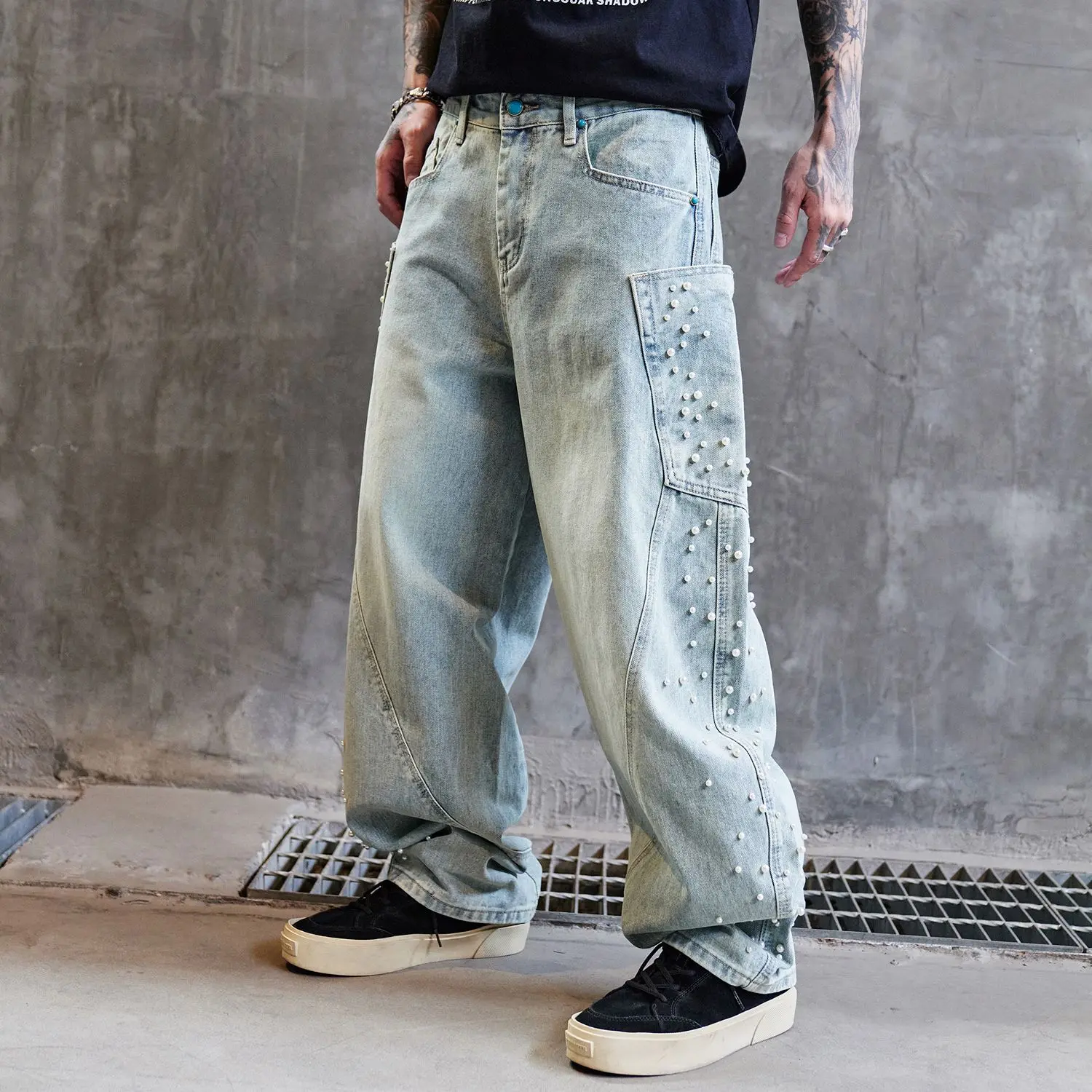 

Spring & Autumn Wide Leg Denim Pants Men Pearls Side Pockets Baggy Spiced Cargo Jeans Man