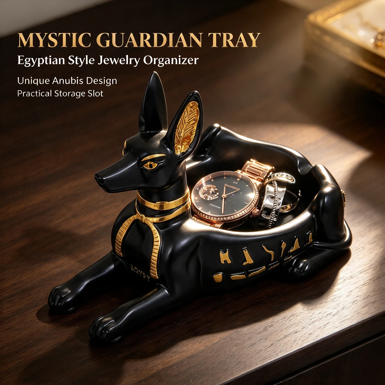 Black Resin Egyptian Anubis Statue, Figurine Gold Jewelry Tray Dish, Catchall Holder Home Office Desk, Decor Gift Ornament