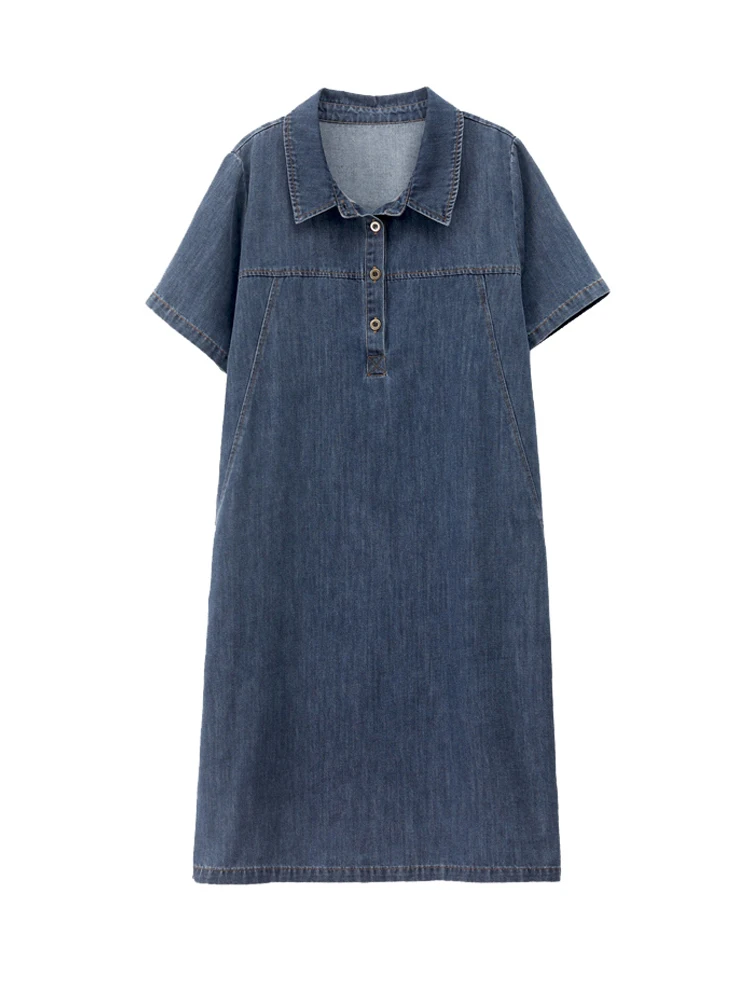 Summer Casual Loose Women's Denim Dress Thin Mom plus Size Clothing Korean Style Commute Wind Short Sleeve  Collar Dress