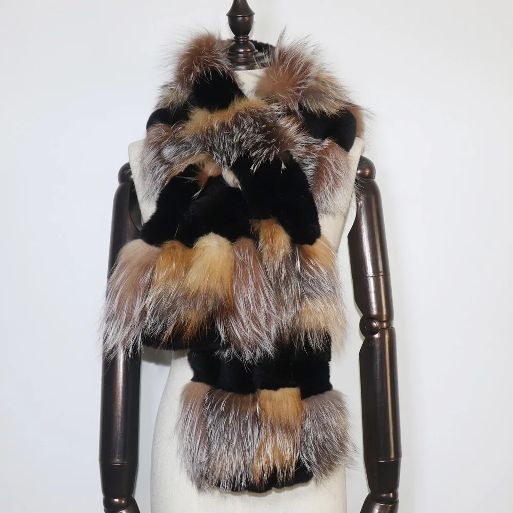 جديد الشتاء محبوك ريكس الأرنب الفراء وشاح مع الفضة الثعلب الفراء المرأة موضة الدافئة سميكة الإناث الشتاء الفراء والأوشحة الرقبة أدفأ فام