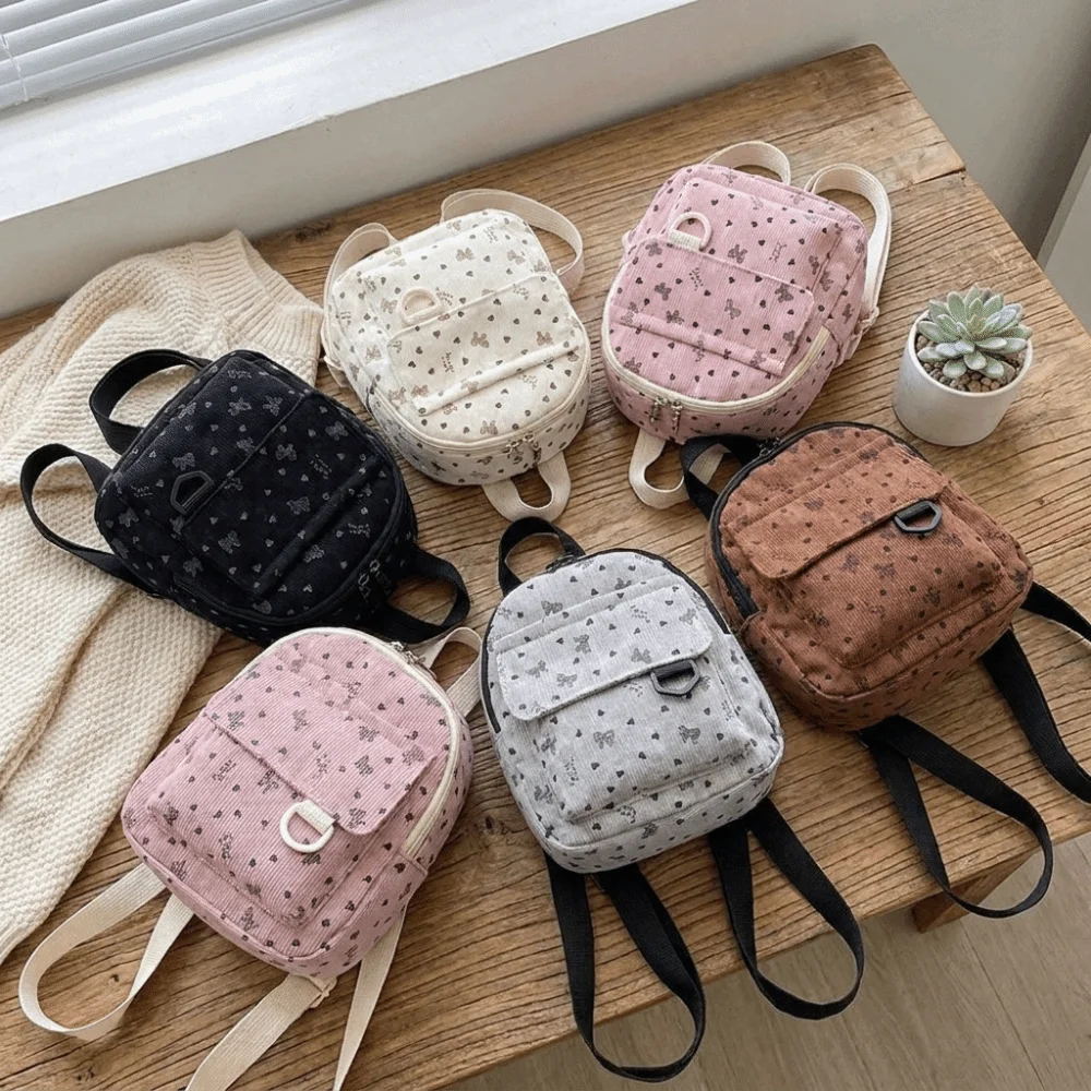 Sweet Corduroy Mini Backpack Lightweight Multi-compartment Shoulder Bag Heart Bow Print Zippered Opening Casual Backpack Travel