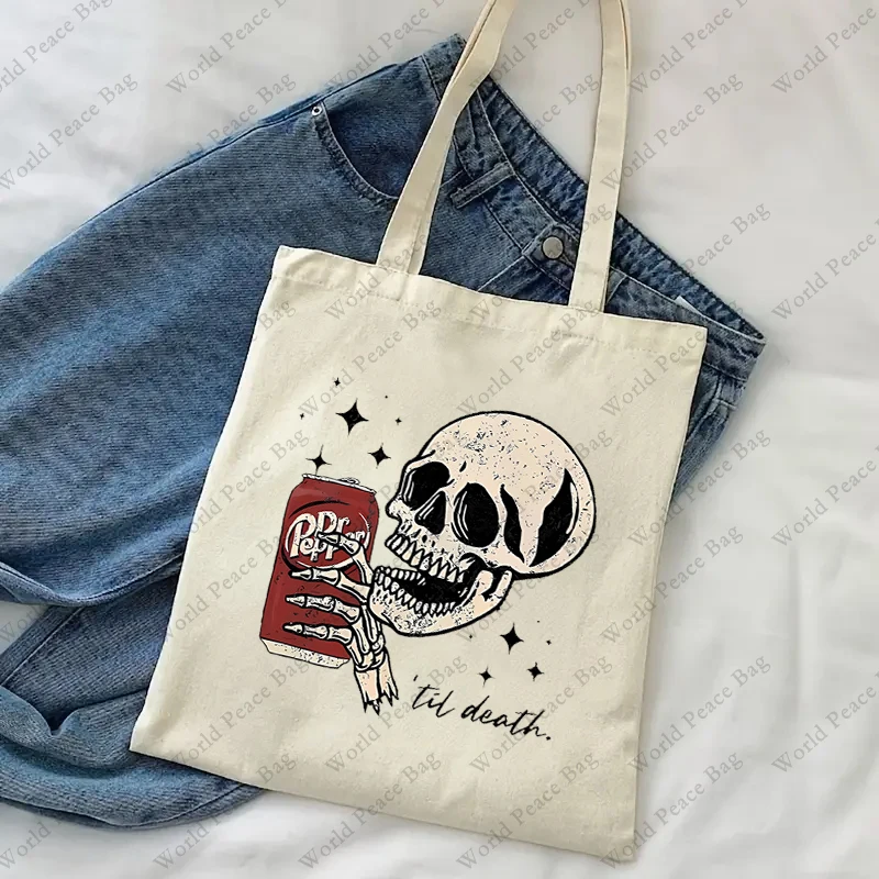 1pc Till Death Dr. Pepper Skeleton .patternTote Bag Canvas Shoulder Bag For Travel Daily Commute Women\'s Reusable Shopping Bag