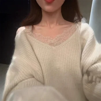 Fashion Elegant Lace Patchwork Pullover Sweater Loose Casual Long Sleeve Pullover Female 2025 Autumn Winter Japanese Knitwear