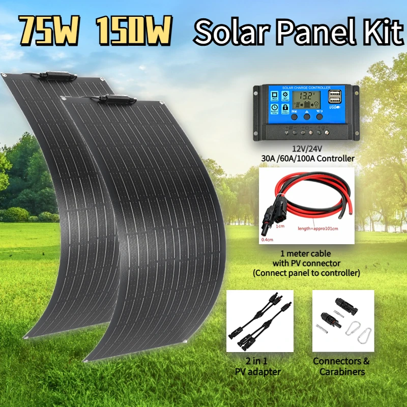 Flexible Solar Panel 75W 150W 18V ETFE Flexible Monocrystalline Solar Cell Battery System Kit for Marine Camping Boat RV