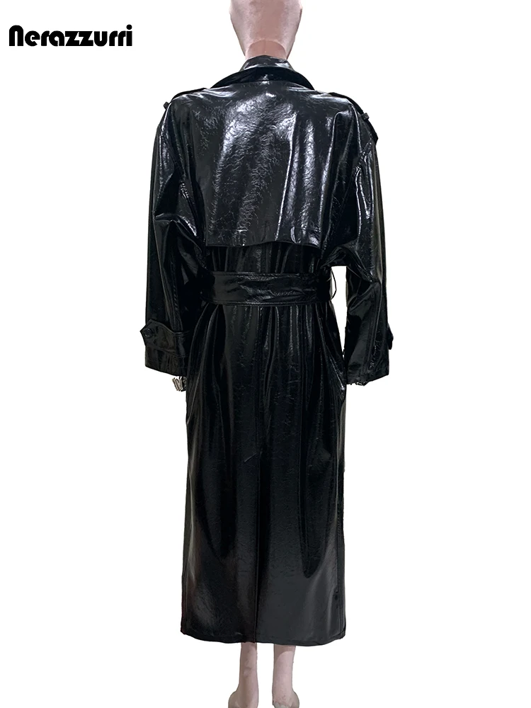 Długi, błyszczący, odblaskowy czarny płaszcz trencz ze skóry PU Mauroicardi na jesień dla kobiet, dwurzędowy, luksusowy, luźny płaszcz wierzchni 2025
