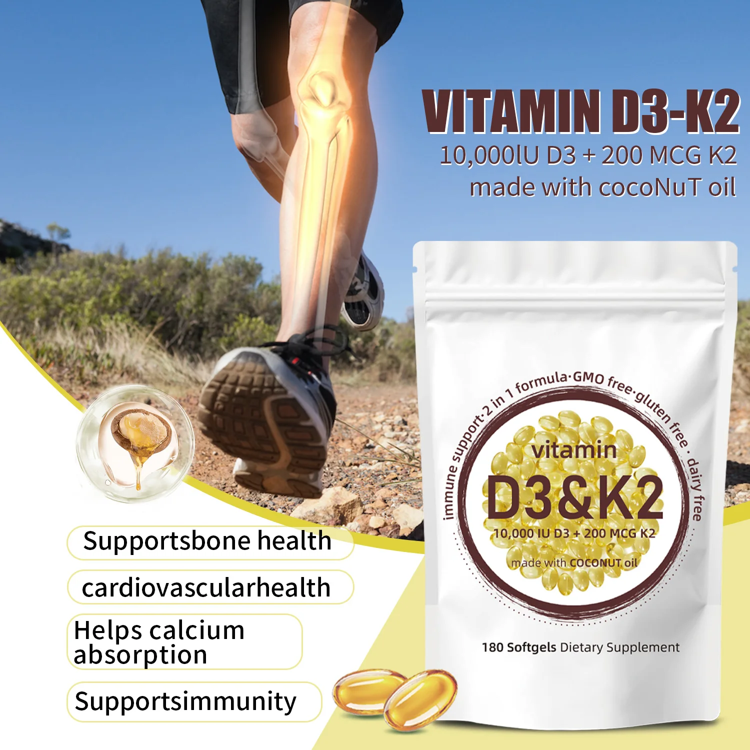 2-in-1 Vitamin D3 K2 Supplement Softgel, 10000 IU VIT D3 + 200 MCG Vitamin K2, Aiding in Calcium Absorption 180 Pcs