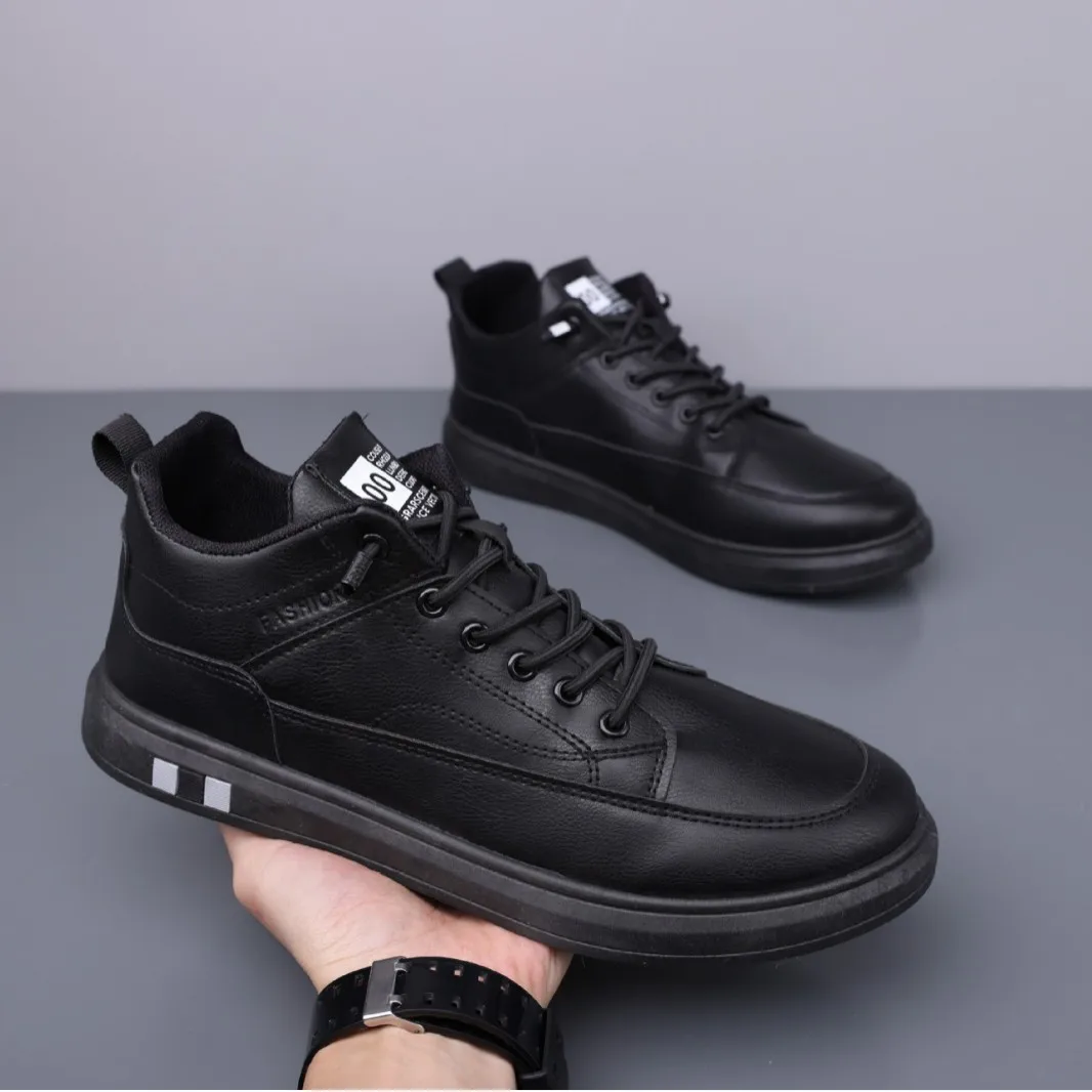 Zapatos Casuales Negros de Media Caña para Hombre, Nuevos Zapatos de Cuero de Moda Otoño 2025, Punta Redonda, Plantilla EVA Cálida, Empalme de Cuero