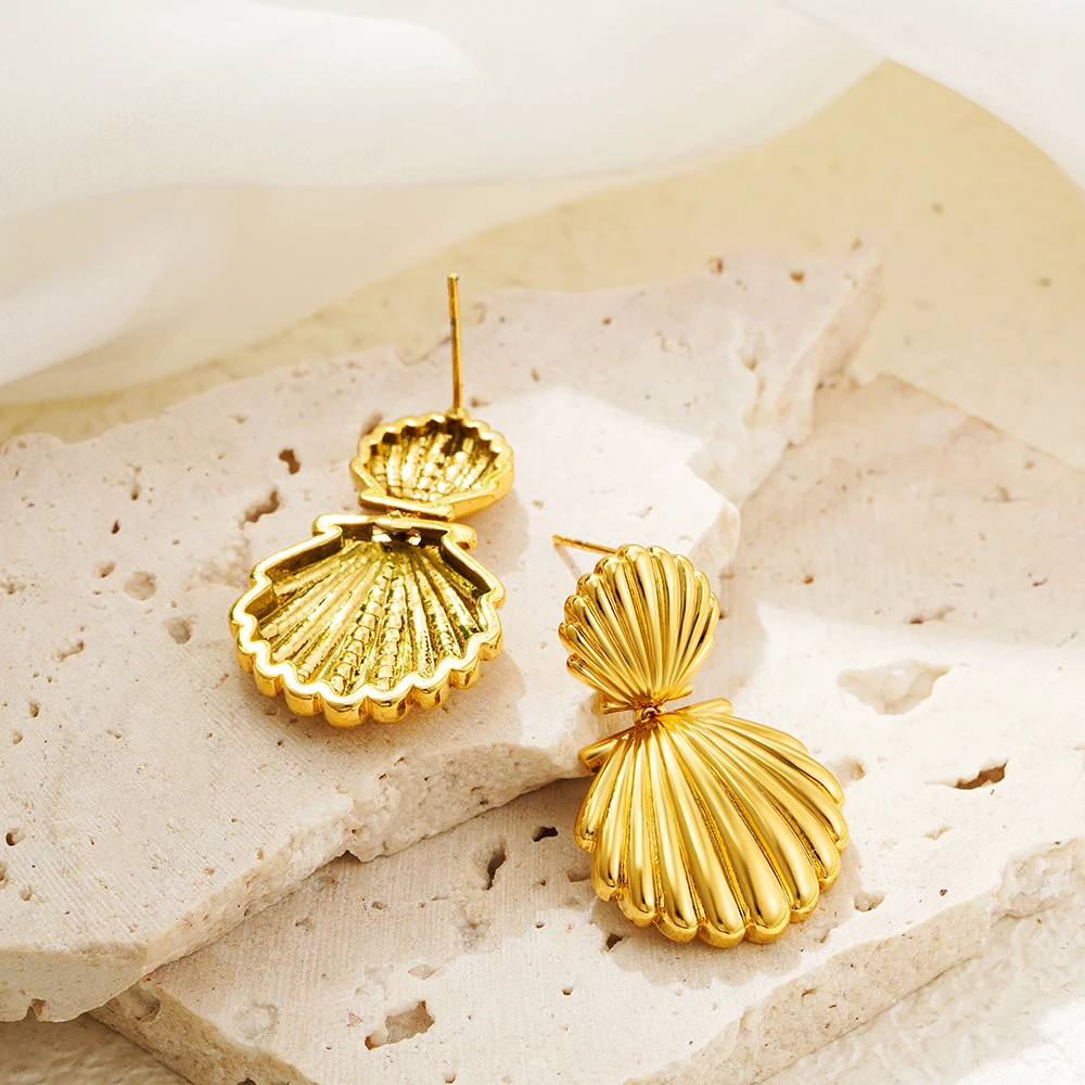 Shell Textured Metal Stainless Steel Drop Earrings Summer Beach Holiday Waterproof Charm Jewelry for Women