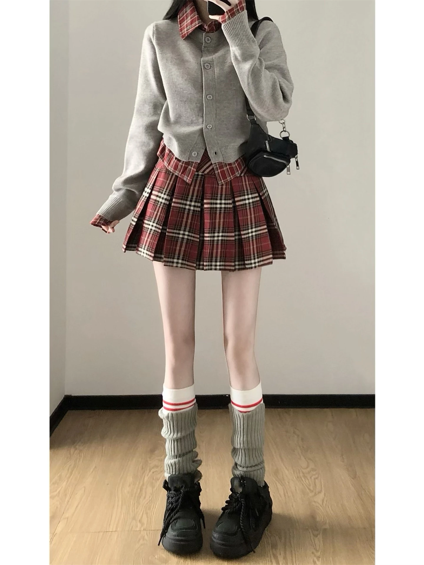 

Красная клетчатая юбка А-силуэта с высокой талией для женщин, весна-осень, большие размеры, утягивающая, непрозрачная, средней длины