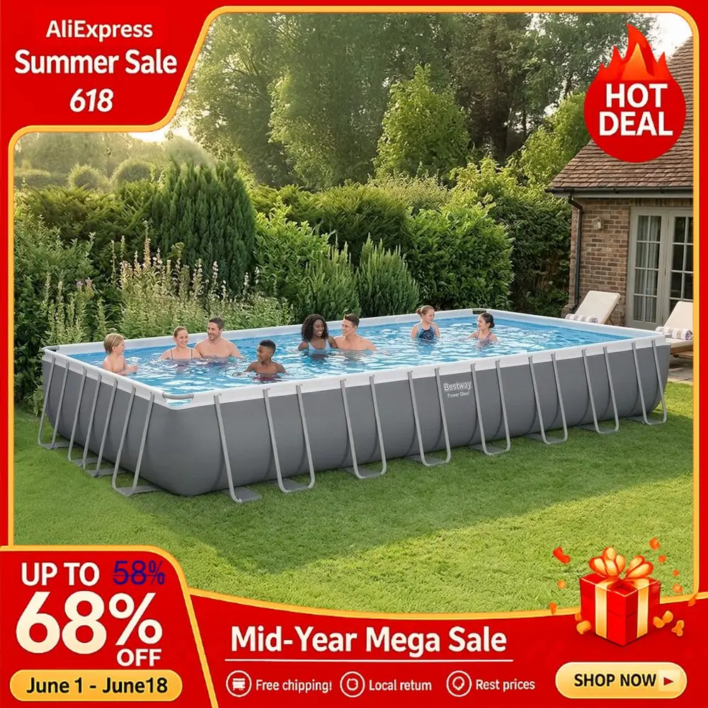 

Power Steel 31 x 16 x 52Above Ground Pool, Rectangular Metal Frame Outdoor Swimming Pool Set with Sand Filter Pump, Ladde Custom