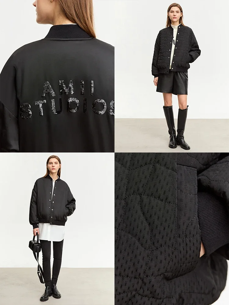 Imagem -05 - Amii-parkas Minimalistas Femininas com Colarinho de Beisebol Jaqueta Térmica com Contas de Carta Roupa de Inverno Novo 2023 12354033