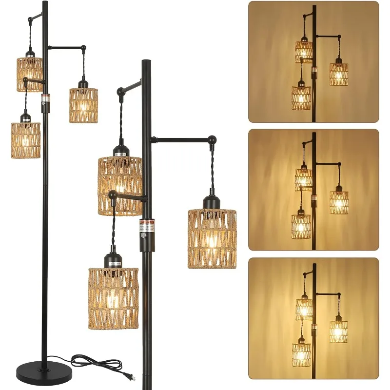 

Bohemian Farmhouse Floor Lamp, Black, 65-Inch, Dimmable, 3 E26 UL Sockets, Natural Rattan Shade, Reinforced Metal Base,