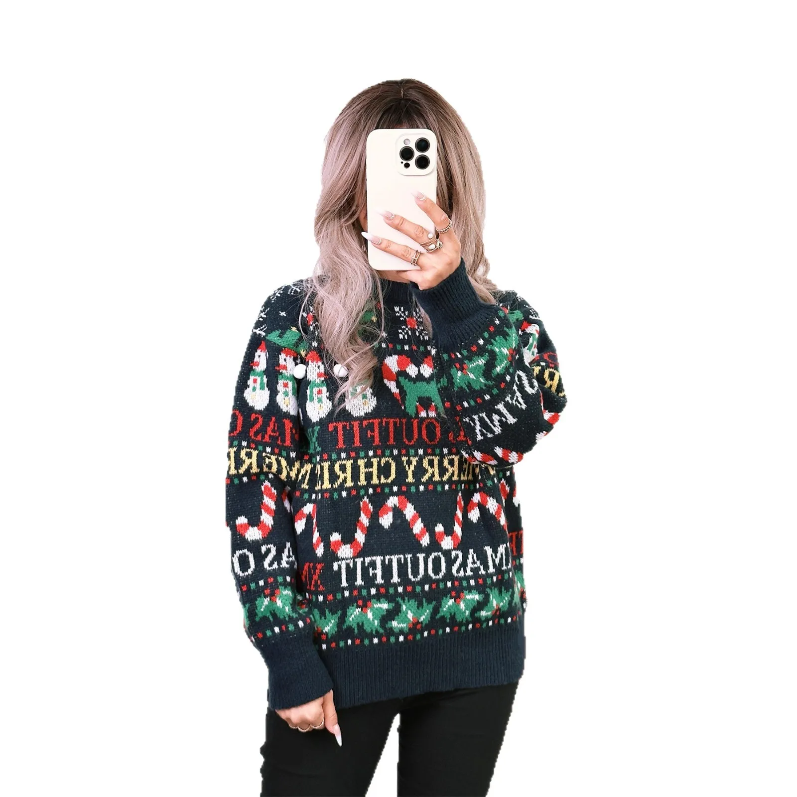 2025 Autunno Inverno Natale Nuovo Color-Block Top lavorato a maglia Girocollo Casual Retro Maglione a maniche lunghe allentato per le donne