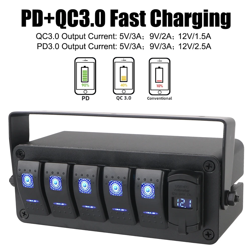 Digital Voltmeter DC 12V/24V Auto Accessories Car Marine Circuit Breaker 2/3/4/5 Gang PD+QC Fast Charging Switch Panel