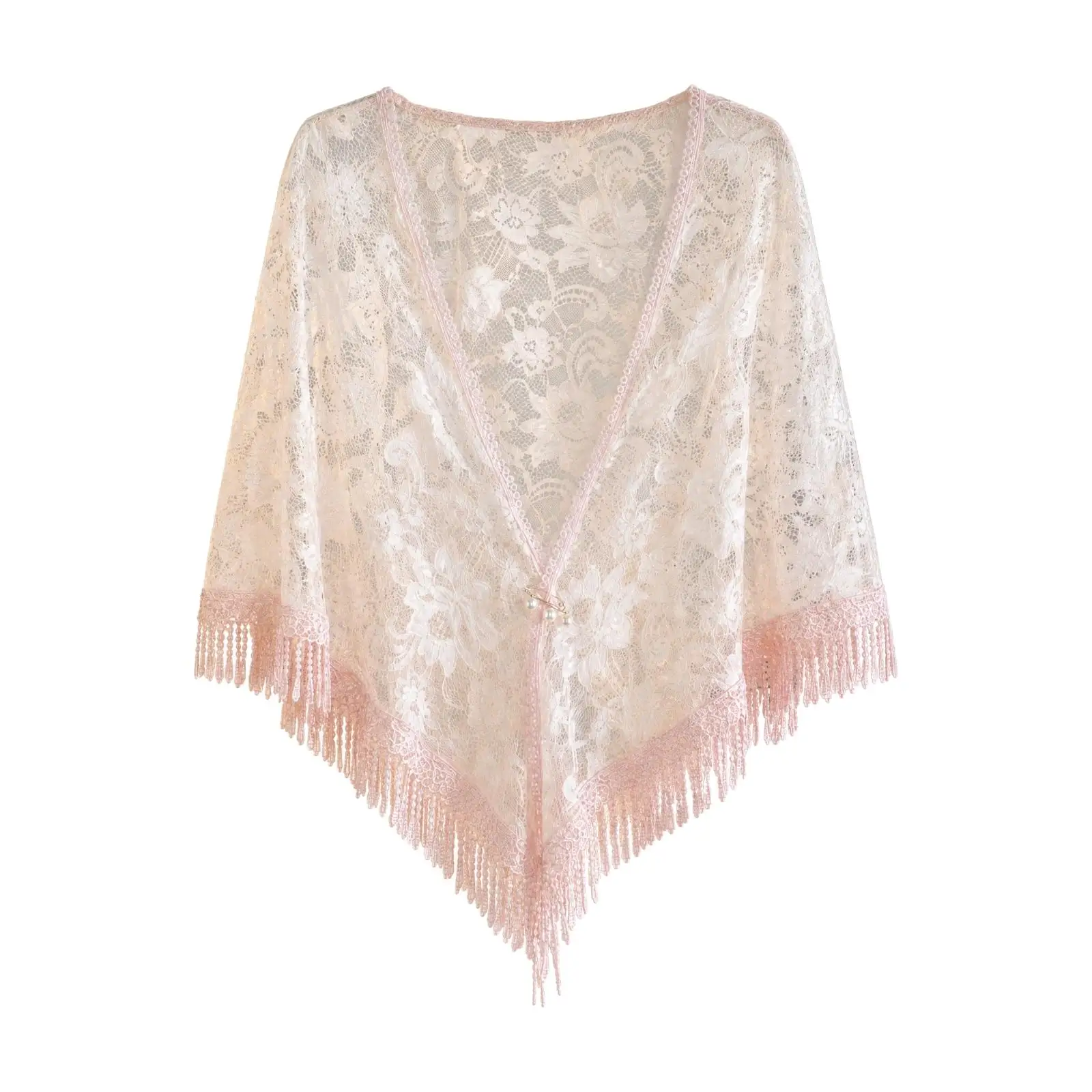 Women Lace Cape Shawl Lightweight Floral Openwork Wrap with Beaded Detail for Summer Evening Outfit