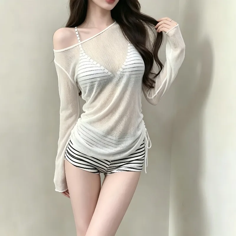 Women's Set Black White Stripe Camisole & Shorts White Sheer Side Drawstring Flare Long Sleeve Cover Up Summer Beach Swimwear view 4