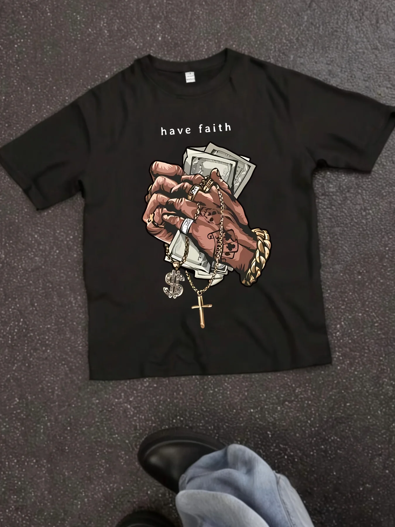 

Ladies Have Faith Pattern T-shirt - Black Short Sleeve T-shirt with Money and Cross Pattern Printed