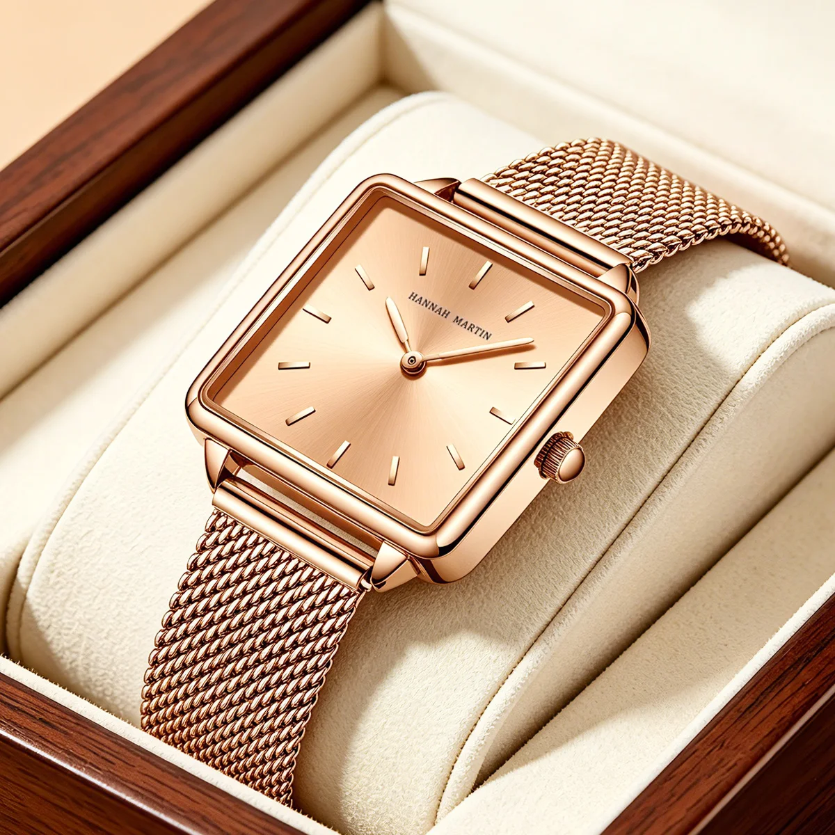 Hannah Martin Top Brand Quartz Watch Women Rose Gold Watch 28.5mm Square Stainless Steel Mesh AAA Japanese Movement Ladies Watch
