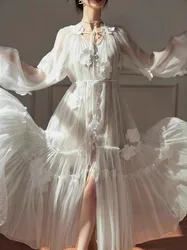 White Loose Elegant Women Dress Long Sleeve with Flower Holiday Party Lace-up Dresses Bodycon Streetwear Runway Design Vestidos