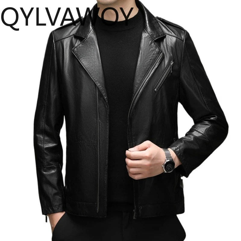 

QYLVAWOY Cowhide Motorcycle Jacket Real Leather Jacket Man Short Leather Jackets for Man Stylish Chaqueta De Cuero Leather Coat