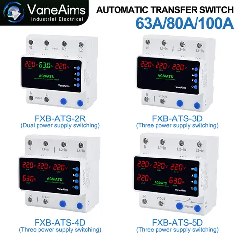 VaneAims 220V Dual Power ATS Automatic Transfer Switch 63A 100A Over Under Voltage Protector Three Power PV Solar Phase Selector