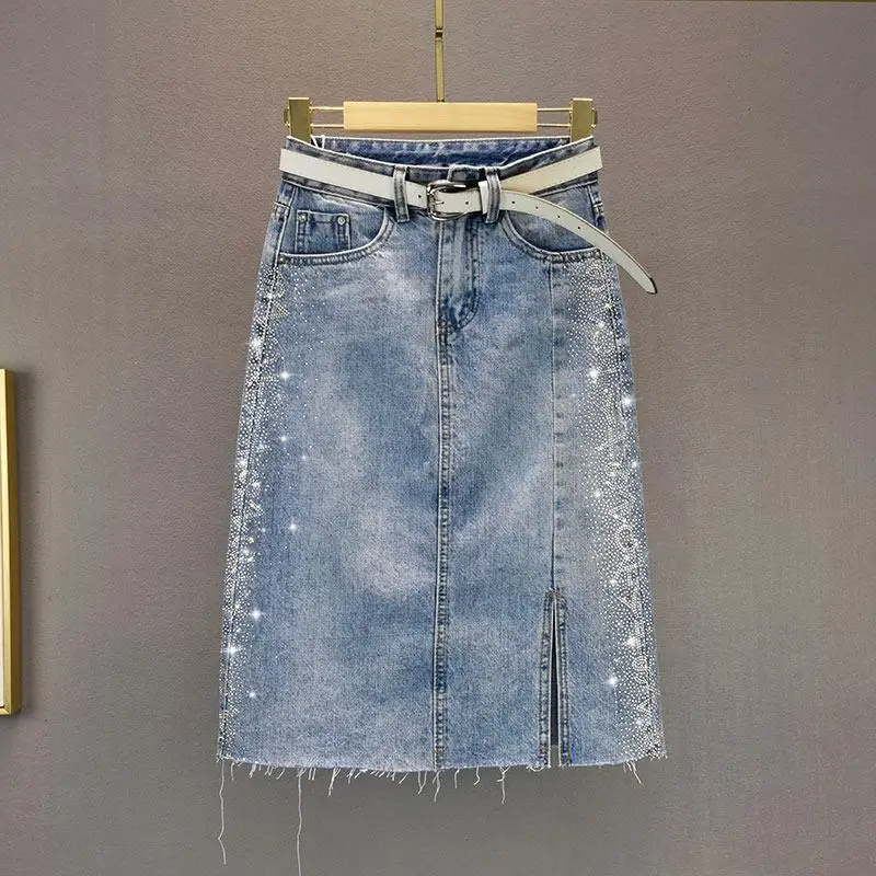 

European Station Hot Drilling Split Denim Skirt Women2024Spring and Summer Fashion New High Waist Slimming Mid-Length Hip Skirt