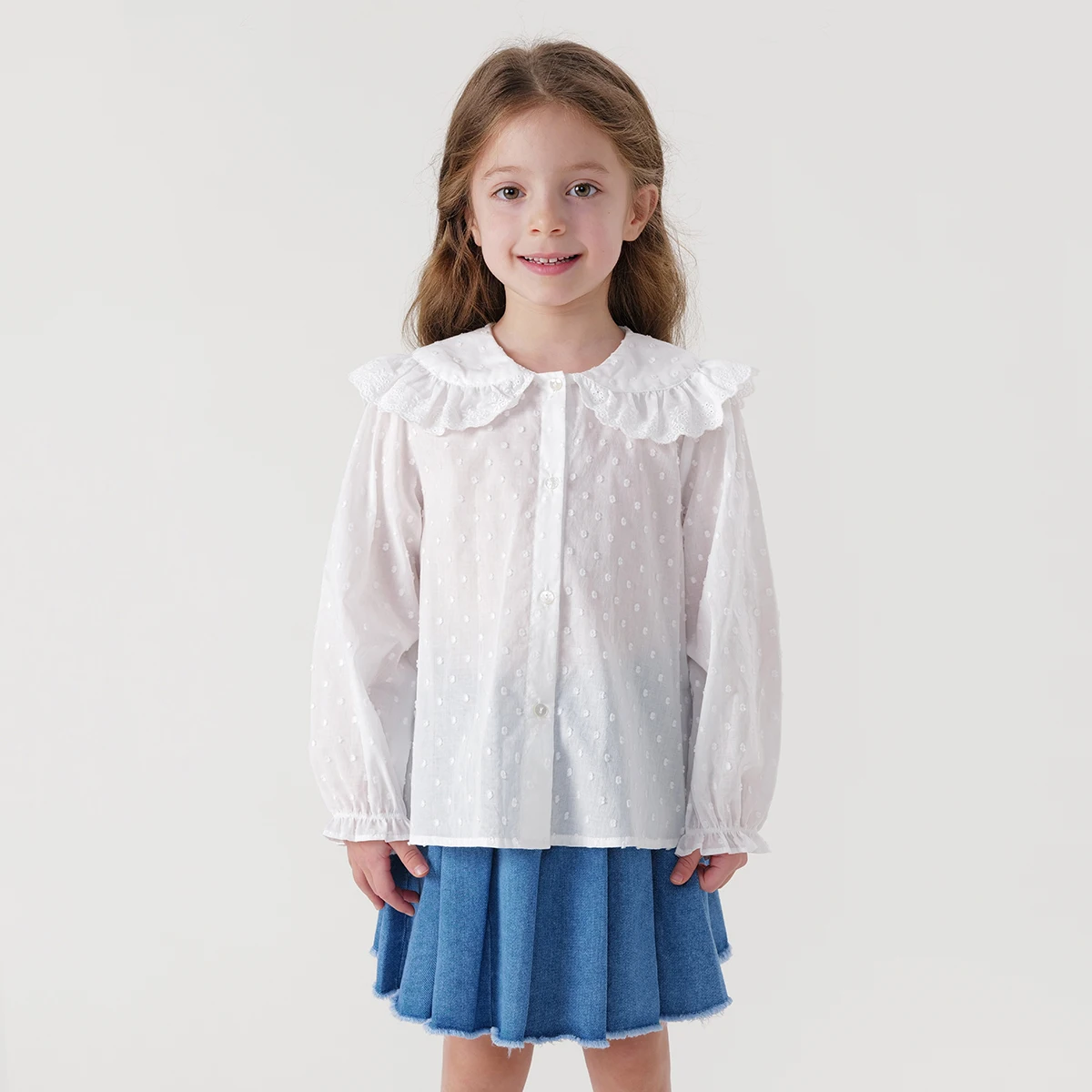 MARC&JANIE Girls Lace Doll Collar Shirt Children's Cotton Blouse Tops for Spring 240233