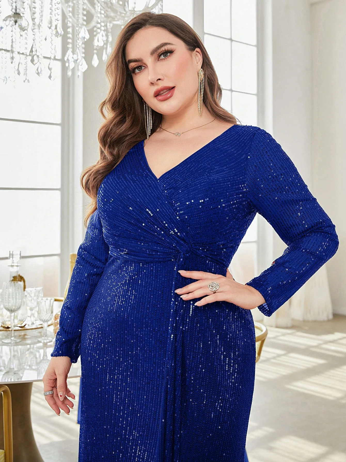 Plus Size Luxury V-Neck Long Sleeves Sequins Evening Dresses Women Elegant Party Maxi Cocktail Graduation Gowns image 6