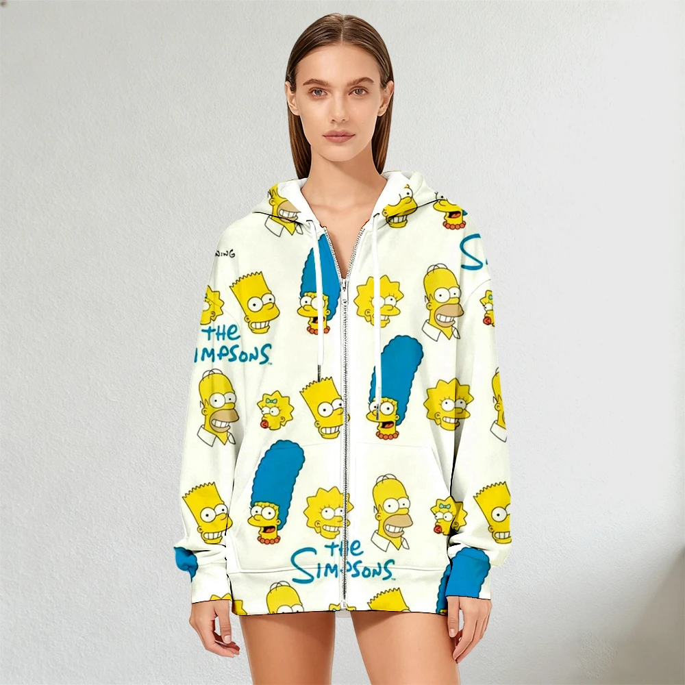 เสื้อฮู้ดมีซิปพิมพ์ลายดิสนีย์เดอะซิมป์สันส์สำหรับผู้หญิง แฟชั่นฤดูใบไม้ร่วงฤดูหนาว เสื้อสเวตเชิ้ตแขนยาวสไตล์สตรีทแวร์สำหรับชุดทันสมัย