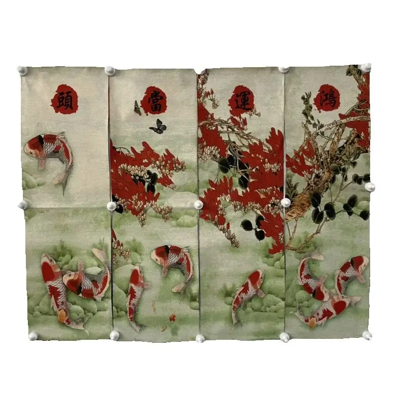 Chinese Traditional Four Screen Brocade Embroidery Goldfish Pattern Decorative Painting Old Color Design Continuous Good Luck