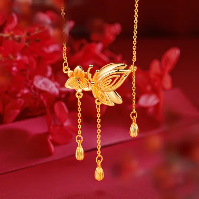 9999 real gold 24K yellow gold Flower Butterfly with Tassel Necklace