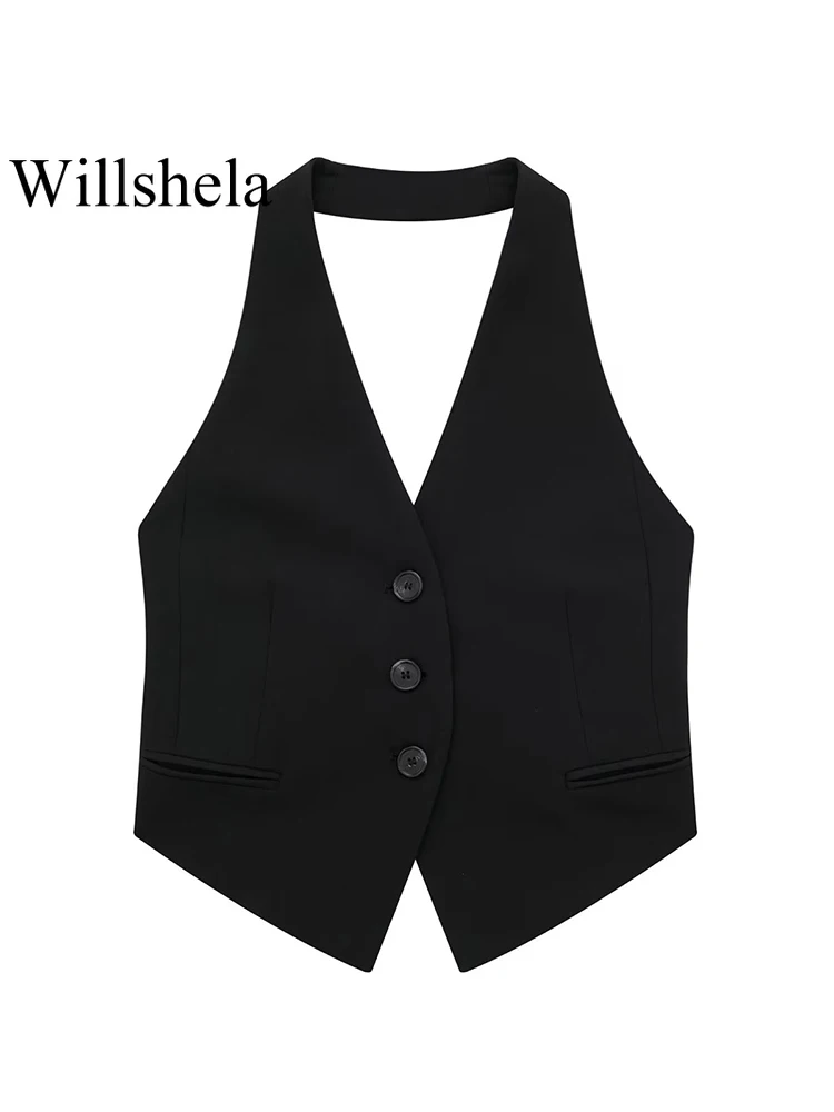 Willshela Women Fashion Black Backless Lace Up Waistcoats Vintage Halter Neck Sleeveless Jackets Female Chic Lady Tank Tops