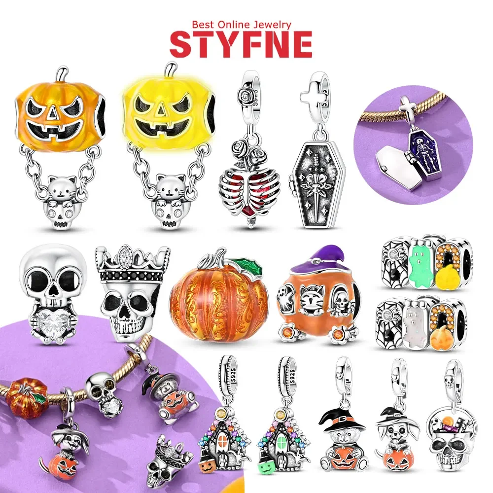 Original 925 Sterling Silver Halloween Pumpkin Skull Coffin House Luminous Beads Fit Bag Charms Bracelet Jewelry Gifts for Women