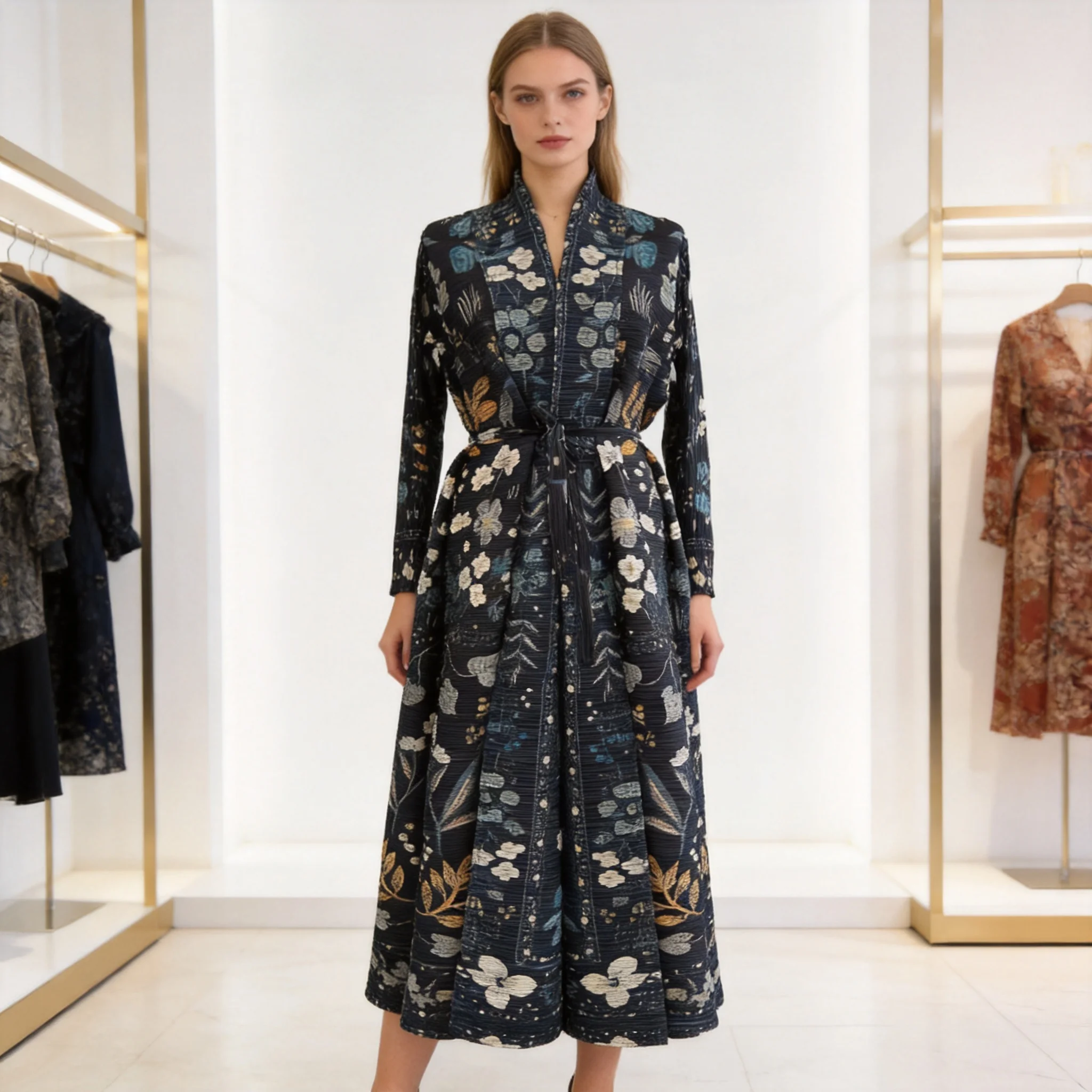 

Miyake Pleated Cardigan Printed Robe 2026 Middle East New Women's Long Sleeve Abaya Elegant Fashion Plus Size Stretch Clothing