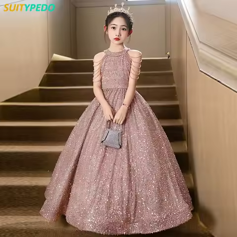 Luxury Sequines Prom Dress For Girls Shiny Beading Performance Clothing Elegant Wedding Birthday Party Formal Evening Dresses