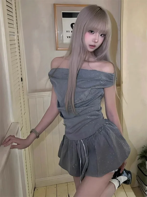 

Elegant Retro Pleated One-Shoulder Slim Fit Sequin Top Satin Flared Skirt Pants Set Short Sleeve round Neck Two-Piece Summer ...