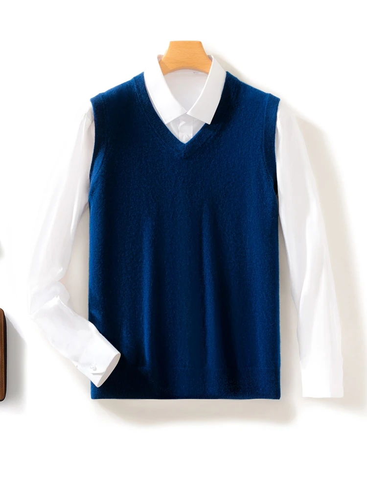 Spring  Autumn Men Sleeveless Pullover V-Neck Cashmere Sweater 100% Merino Wool Knitted Soft Casual knitwear Solid Color Tops