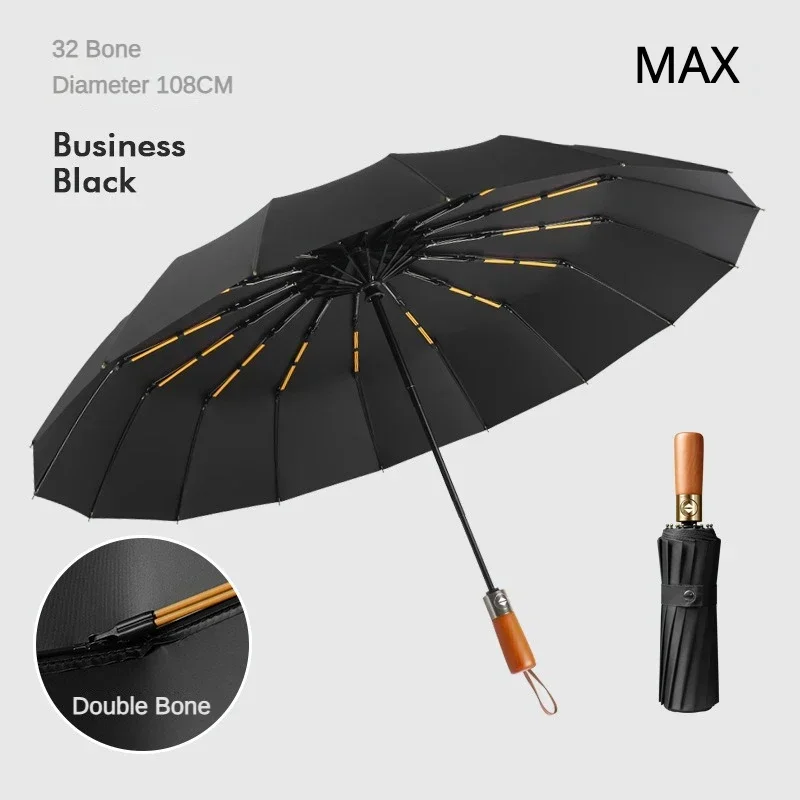 Windproof 32 Bone Business Umbrella for Men, Fully Automatic Wooden Handle, Large Folding, Waterproof Sunshade Luxury Umbrellas