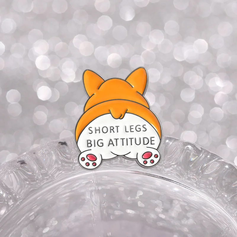 Cartoon Short Legs Big Attitude English Letter Badge Pins Brooch Cute Corgi Dog Enamel Lapel Pin Accessory Collar Hat Bag Ornam