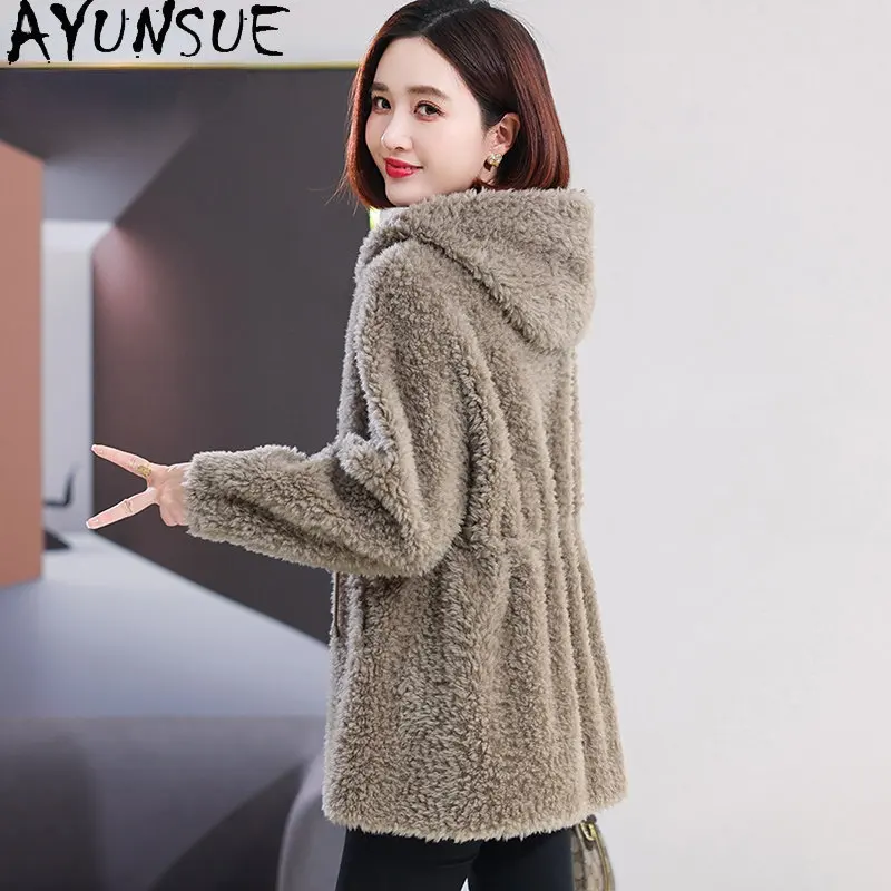 

AYUNSUE 100% Sheep Shearing Jacket Women Winter Mid-length Wool Jackets for Women Fur Coat Hooded Streetwear Manteau Femme Hiver