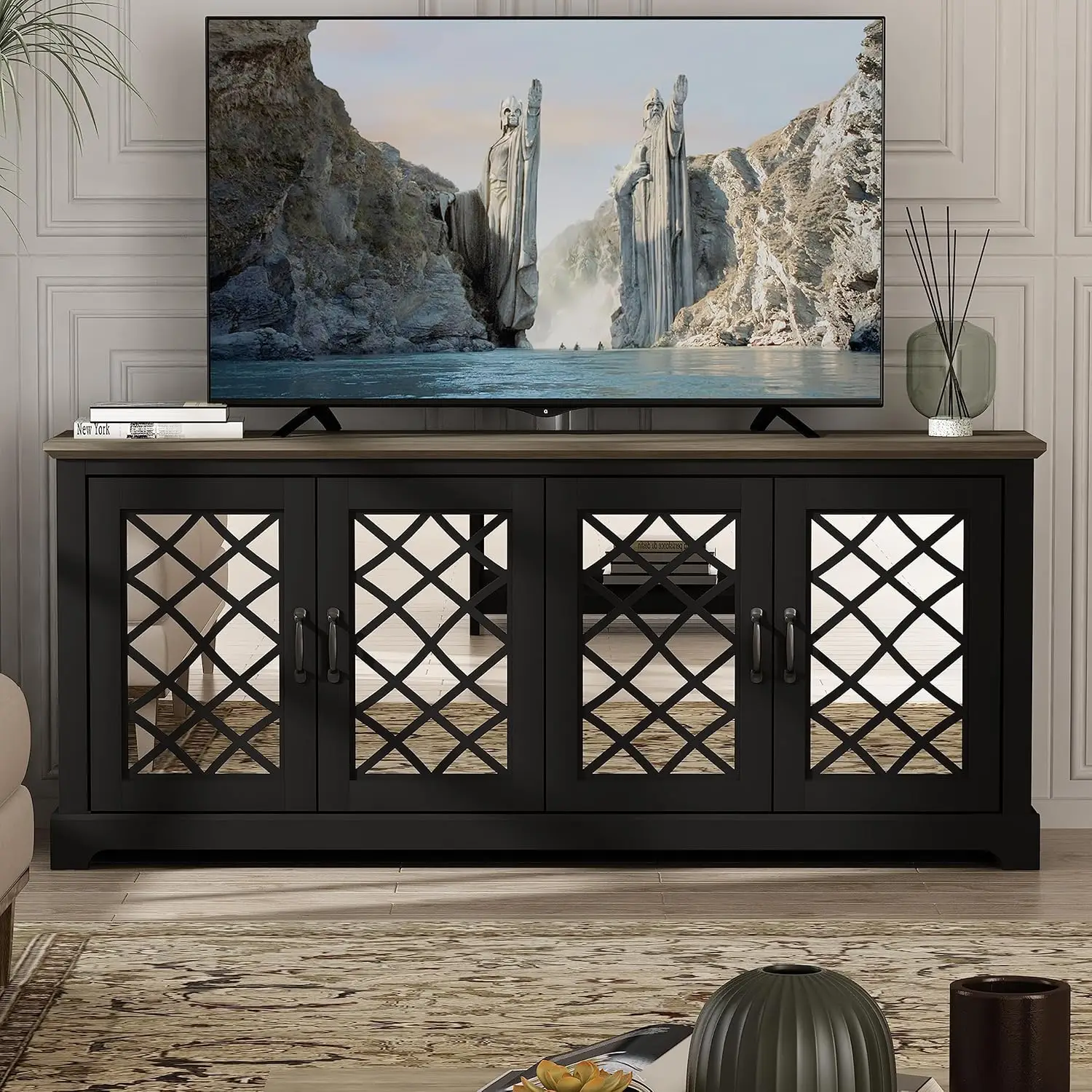 Entertainment Center with Mirror Doors & Storage Shelves, Rustic Media Console Cabinet for Living Room, Black Knotty Grey Oak