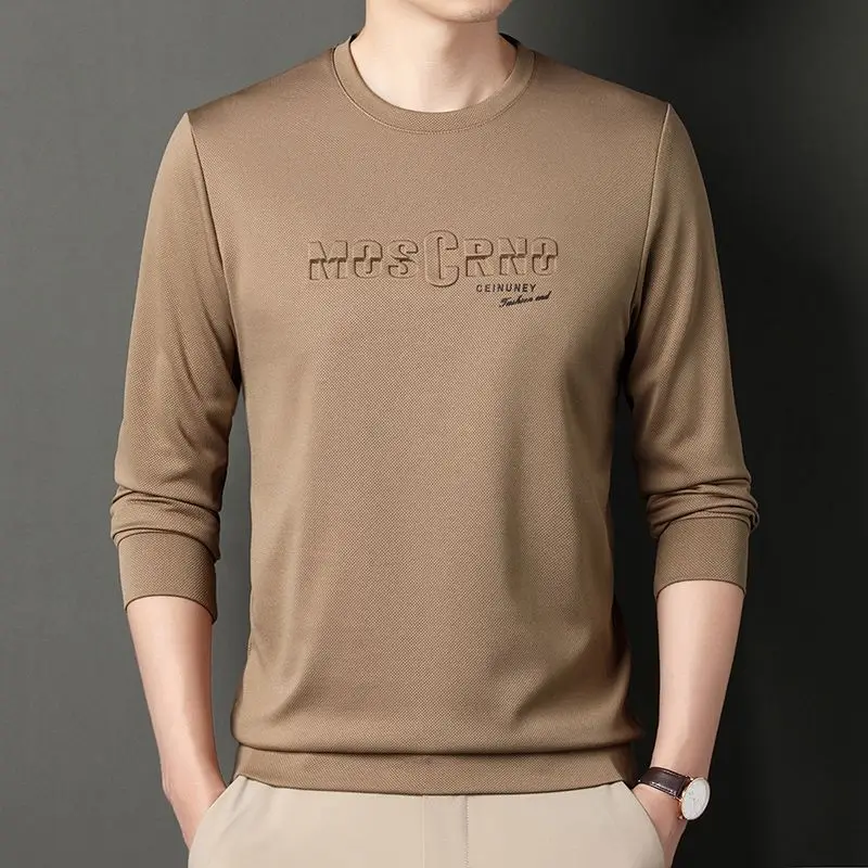 

Stylish Letter O-Neck T-shirts Men's Clothing Casual Vintage Long Sleeve Spring Autumn Korean Solid Color Basic Daily Pullovers